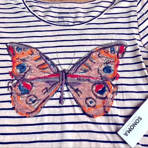 NEW SONOMA Butterfly Embroidery Tee Shirt Striped Petite XS Off White Women’s - Picture 4 of 16